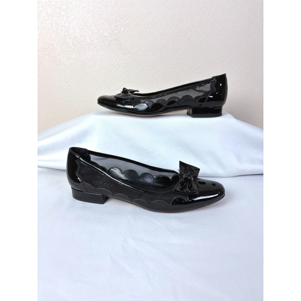 Vaneli BLack Shiny Scalloped Mesh Bow Tie 3/4" Heel Shoes Size 6.5 Ballet Chic